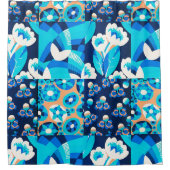 ホワイトハワイ青い花のはっきりしたフローラパッチワーク シャワーカーテン (正面)