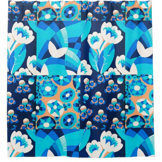 ホワイトハワイ青い花のはっきりしたフローラパッチワーク シャワーカーテン (正面)