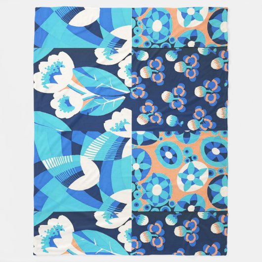 ホワイトハワイ青い花のはっきりしたフローラパッチワーク フリースブランケット (正面)