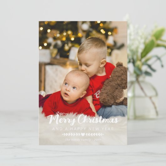 ホワイトハートの緑の写真メリークリスマス シーズンカード (スタンド正面)