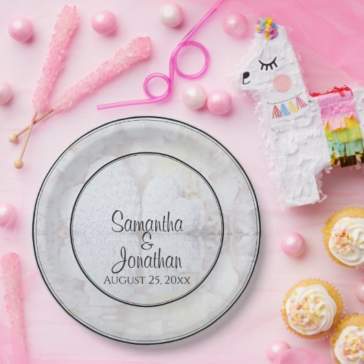 ホワイトハート&牡丹の花リフレクション結婚ズ ペーパープレート (パーティー)