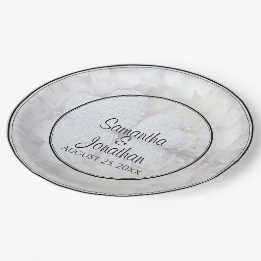 ホワイトハート&牡丹の花リフレクション結婚ズ ペーパープレート (アングル)