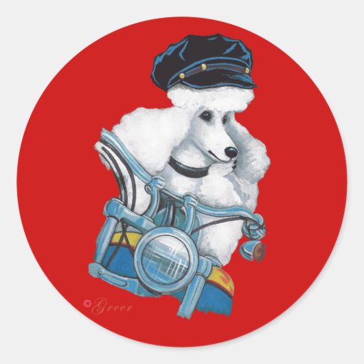 ホワイトバイクもしくは自転車に乗る人チックプードルステッカー ラウンドシール (正面)