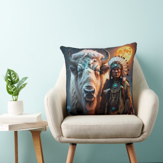 ホワイトバイソンと先住民アメリカンチーフ装飾用クッション クッション (椅子)