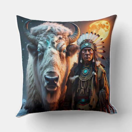 ホワイトバイソンと先住民アメリカンチーフ装飾用クッション クッション (裏面)