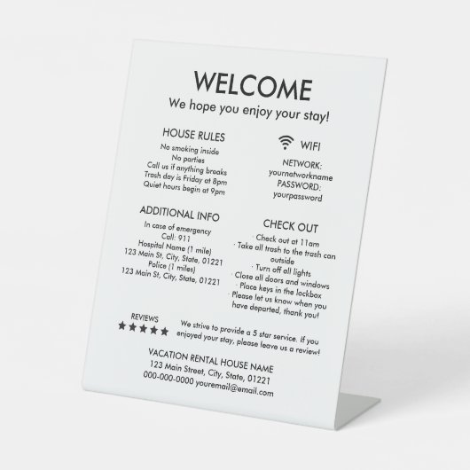 ホワイトバケーションモダンレンタルハウスルールウェルカム 台座サイン (正面)