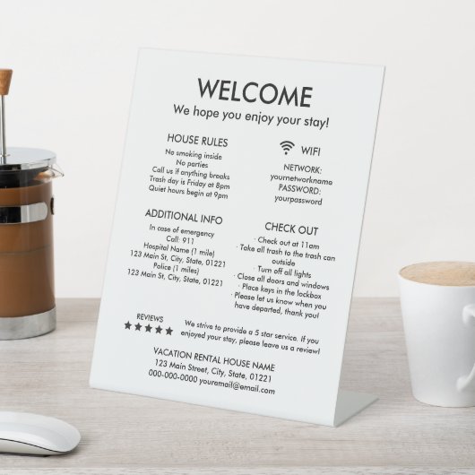 ホワイトバケーションモダンレンタルハウスルールウェルカム 台座サイン (インサイチュ)