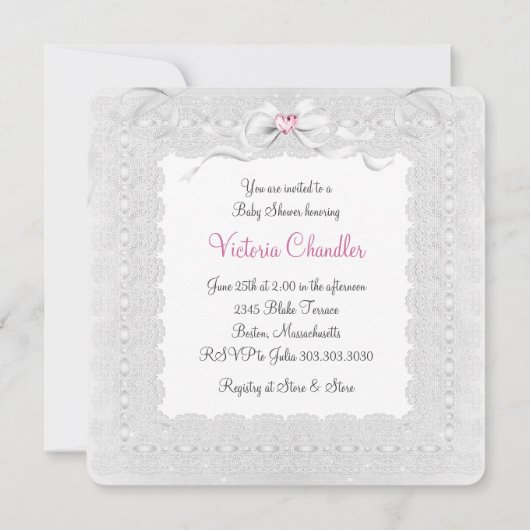 ホワイトバシネットベビーガールシャワー 招待状 (裏面)