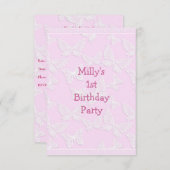 ホワイトバタフライかわいらしピンク第1誕生日パーティー 招待状 (正面/裏面)