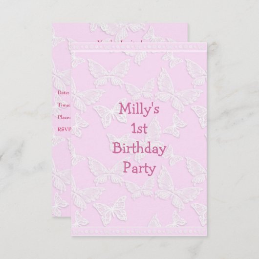 ホワイトバタフライかわいらしピンク第1誕生日パーティー 招待状 (正面/裏面)