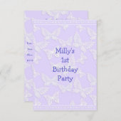 ホワイトバタフライかわいらしブルーグレー1番目の誕生日パーツ 招待状 (正面/裏面)