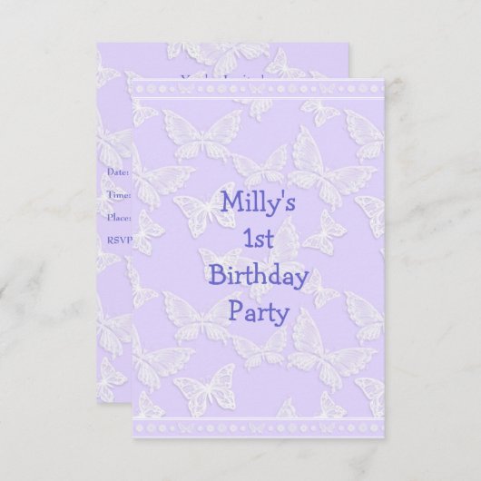 ホワイトバタフライかわいらしブルーグレー1番目の誕生日パーツ 招待状 (正面/裏面)