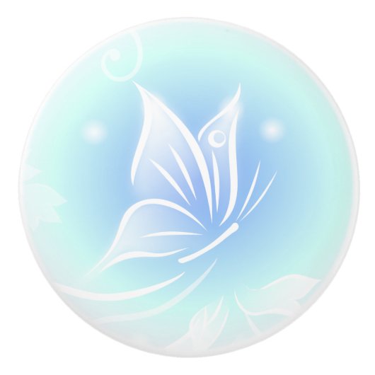 ホワイトバタフライブルーかわいらし セラミックノブ (正面)