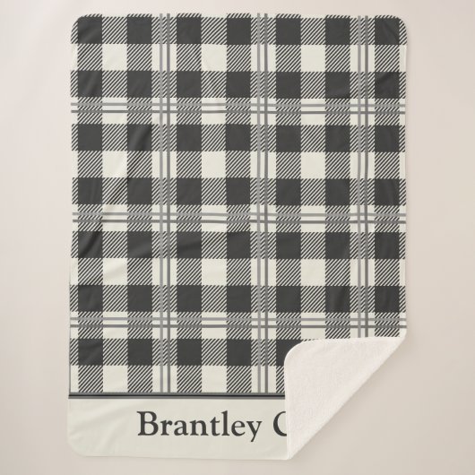 ホワイトバッファロープレイドの暖かいダークグレーオフ シェルパブランケット (正面)