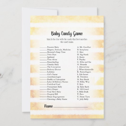 ホワイトバニーイエローベビーキャンディベビーシャワーゲーム 招待状 (正面)