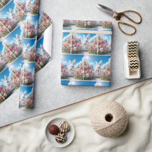 ホワイトバニーインア春ガーデン ラッピングペーパー (クラフト)