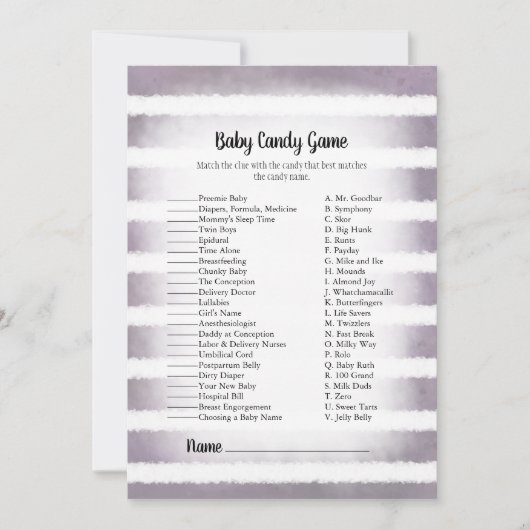 ホワイトバニーパープルベビーキャンディベビーシャワーゲーム 招待状 (正面)