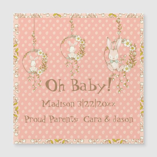 ホワイトバニー赤ちゃん女の子の誕生発表ピンク (正面)