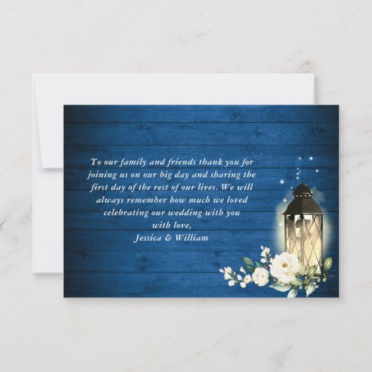 ホワイトバラ王室のズブルーウッドランタンフォトズ結婚ーズ サンキューカード (裏面)