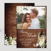 ホワイトバラ素朴ズウッドランタンフォトズ結婚ーズ セーブザデート (正面/裏面)