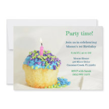 ホワイトバルーンブルーカップケーキ誕生日招待状