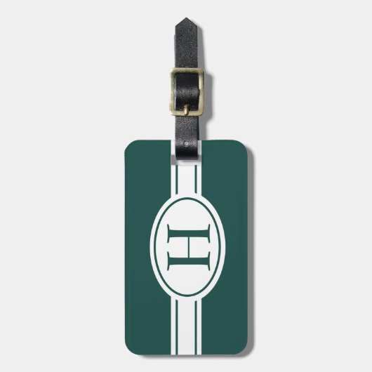 ホワイトバンド楕円形シールド森林グリーンモノグラム ラゲッジタグ (正面縦)