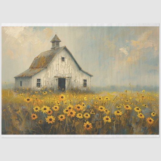 ホワイトバーンイエローフラワーフィールドラスティックデコパージュ 薄葉紙 (正面)