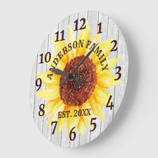 ホワイトバ素朴ンウッドひまわりパーソナライズされた名 ラージ壁時計 (傾斜)