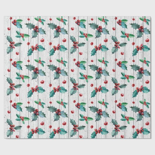 ホワイトバ素朴ンウッドパターンのクリスマスホリーオン ラッピングペーパー (フラット)