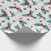 ホワイトバ素朴ンウッドパターンのクリスマスホリーオン ラッピングペーパー (角)