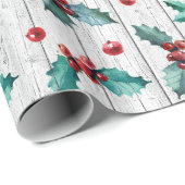 ホワイトバ素朴ンウッドパターンのクリスマスホリーオン ラッピングペーパー (ロールコーナー)