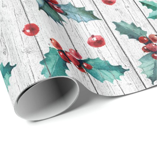 ホワイトバ素朴ンウッドパターンのクリスマスホリーオン ラッピングペーパー (ロールコーナー)