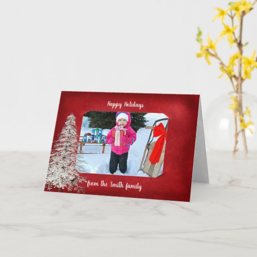 ホワイトパインの木が付いている赤い休日の写真フレーム カード (黄色い花)