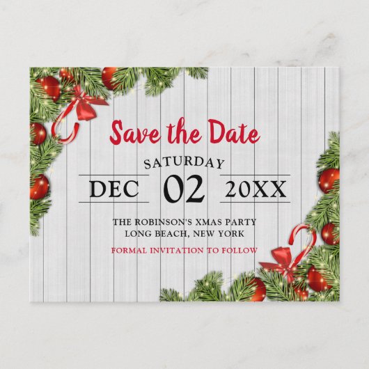 ホワイトパイン素朴クリスマスパーティー |日付の保存 インビテーションポストカード (正面)
