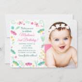 ホワイトパステルバタフライガールガーデンフォト誕生日 招待状 (正面)