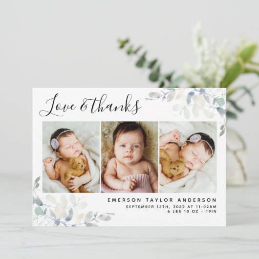 ホワイトパステルユーカリ3フォト新生児 サンキューカード (スタンド正面)