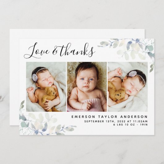 ホワイトパステルユーカリ3フォト新生児 サンキューカード (正面/裏面)