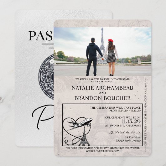ホワイトパリパスポ結婚ート 招待状 (正面/裏面)
