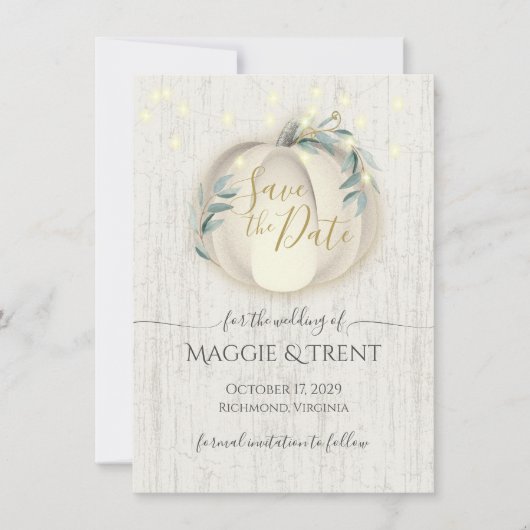 ホワイトパンプキンとストリングライトのSave the Date セーブザデート (正面)