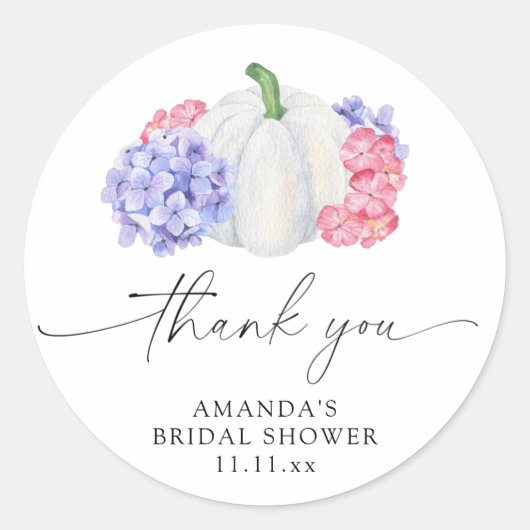 ホワイトパンプキンとハイドランジアの花のブライズシャワー ラウンドシール (正面)
