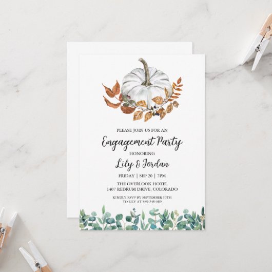 ホワイトパンプキンアンドグリーンリー秋婚約パーティ 招待状 (正面/裏面インサイチュ)