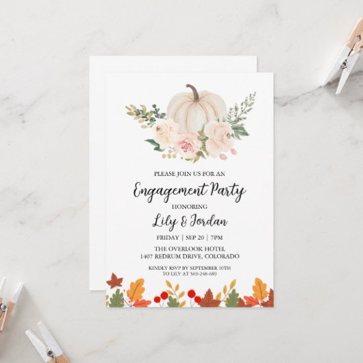 ホワイトパンプキンアンドグリーンリー秋婚約パーティ 招待状 (正面/裏面インサイチュ)