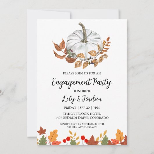 ホワイトパンプキンアンドグリーンリー秋婚約パーティ 招待状 (正面)