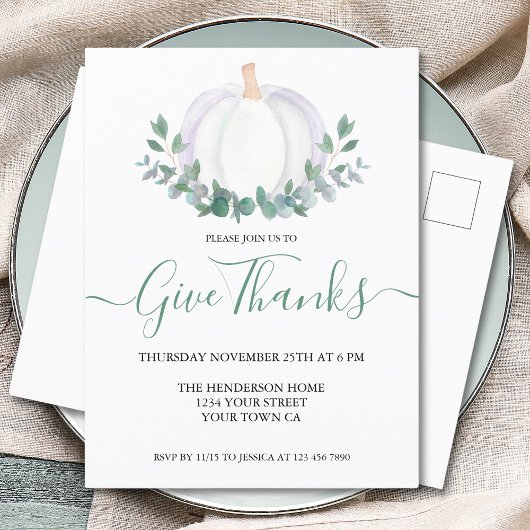 ホワイトパンプキンエレガント感謝祭ディナー インビテーションポストカード