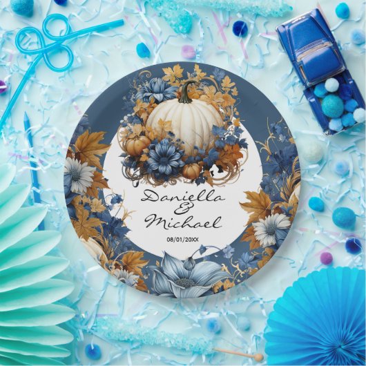 ホワイトパンプキンエレガント秋ガーデン ペーパープレート (パーティー)