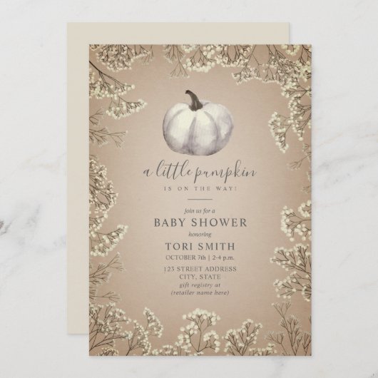 ホワイトパンプキンカードストック秋ベビーシャワーの招待 招待状 (正面/裏面)