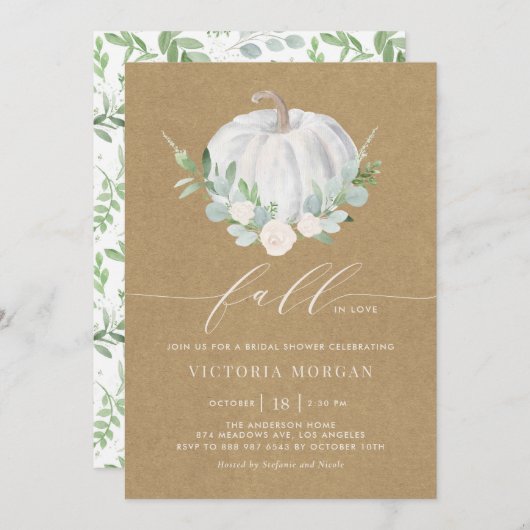 ホワイトパンプキンクラフト紙秋ブライダルシャワー 招待状 (正面/裏面)