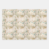 ホワイトパンプキンズアクアブルー秋ウォーターカラー花模様 ラッピングペーパーシート (正面3)