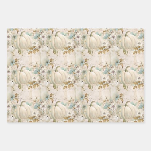 ホワイトパンプキンズアクアブルー秋ウォーターカラー花模様 ラッピングペーパーシート (正面3)