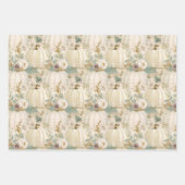 ホワイトパンプキンズアクアブルー秋ウォーターカラー花模様 ラッピングペーパーシート (正面2)